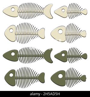 Set di illustrazioni a colori con scheletri di pesce. Oggetti vettoriali isolati su sfondo bianco. Illustrazione Vettoriale