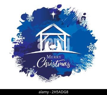 Buon Natale - nascita di Cristo, spazzola e inchiostro grunge biglietto di auguri. Presepe con Gesù in mangiatoia, Maria, Giuseppe e stella. Vettore disegno ART Illustrazione Vettoriale