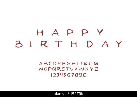 Lettere e numeri di caratteri sottili disegnati a mano in bianco e nero. Illustrazioni vettoriali isolate su sfondo bianco. Felice frase di compleanno come esempio. Illustrazione Vettoriale