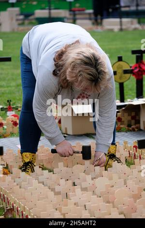 Abbazia di Westminster, Londra, Regno Unito. 8 Nov 2021. I volontari riuniscono il Westminster Field of Remembrance fuori dall'abbazia di Westminster. Credit: Matthew Chattle/Alamy Live News Foto Stock