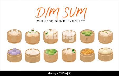Set di gnocchi Dim Sum isolati in cesti di vaporiera di bambù. Illustrazioni vettoriali di piatti asiatici cinesi isolati su sfondo bianco Illustrazione Vettoriale