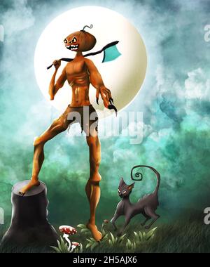 Monster Jack-o-lanterna dipingere il suo dito accecato allo spettatore con una luna piena sullo sfondo a Halloween Foto Stock