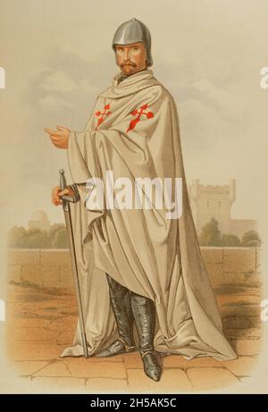 Cavaliere dell'Ordine di Santiago, nei primi giorni dell'istituzione, vestito di abito da guerra. Medioevo. Penisola iberica. Chromolithography. "Historia de las Ordenes de Caballería y de las Condecoraciones Españolas" (Storia degli ordini di cavalleria e delle decorazioni spagnole). Madrid, 1865. Foto Stock