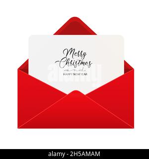 Biglietto di auguri natalizio in busta rossa aperta. Illustrazione vettoriale della lettera di Natale in busta isolata su bianco Illustrazione Vettoriale