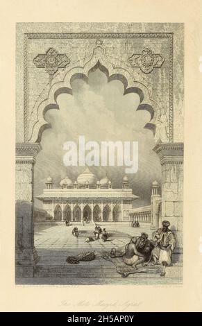 Il moti Musjid (frontespizio) il Forte Rosso [moti Masjid (Lit. "Moschea delle perle") è una moschea di marmo bianco all'interno del complesso del Forte Rosso a Delhi, India. Situato ad ovest dell'Hammam e vicino al Diwan-i-Khas, è stato costruito dall'imperatore Mughal Aurangzeb dal 1659-1660. Aurangzeb non ha gradetto mancare le sue preghiere e Jama masjid è troppo lontano per lui che è perchè ha costruito questo masjid bello] dal libro ' l'annuale orientale ' che contiene Una serie di Tales, Legends, & Romances storiche; da Thomas Bacon, Esq., F.S.A., con incisioni di W. ed E. finden, da bozzetti dell'autore Publish Foto Stock