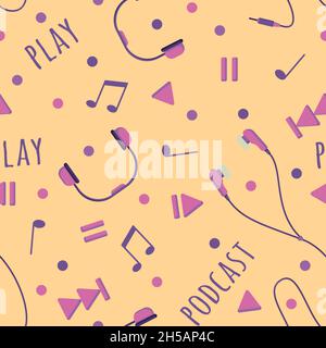 Sequenza perfetta di icone Podcast e audio in stile piatto, cuffie e note isolate su sfondo giallo. Illustrazione Vettoriale
