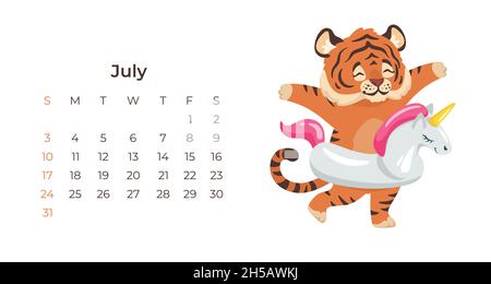 Carino fumetto tigre luglio 2022 modello di calendario orizzontale. Illustrazione Vettoriale