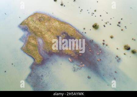 Vista aerea di una piccola parte superiore di una pianura alluvionale del fiume IJssel che è solo parzialmente allagato durante l'acqua alta, gennaio 2018, Overijssel, il Foto Stock