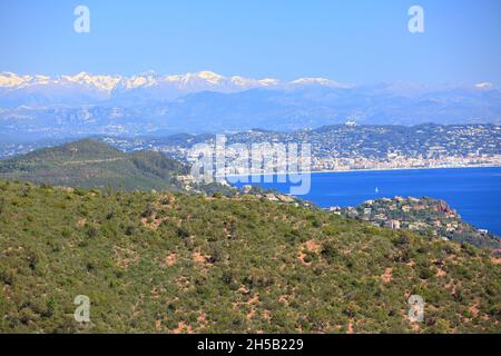 Vista dall'alto sopra la baia di Cannes dalla vetta di Cap Roux, Var, 83, Costa Azzurra Foto Stock