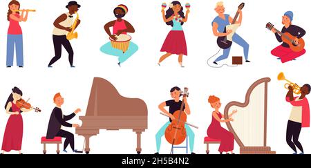 Personaggi musicisti. Flat pop star, band di giovani. Chitarrista cartoon, concerto jazz e cantante. Isolato artista musicale decent vettore set Illustrazione Vettoriale
