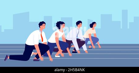 Inizia la gara d'affari. Persone pronte razze, uomo piatto donna in tuta iniziato a correre. Gestione di manager focalizzati, concorrenza di lavoro concetto vettoriale assoluto Illustrazione Vettoriale