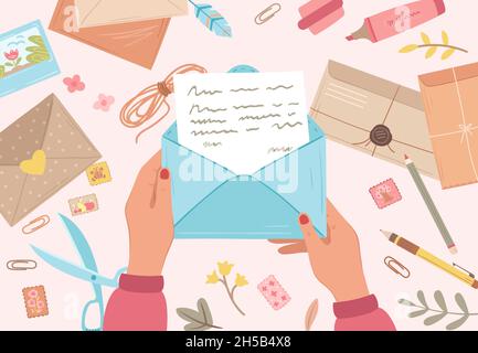 Busta con le mani. Preparare lettere e documenti postali futuri. Messaggi autoscrittura, scrivere cartoon messaggio cartolina concetto vettoriale esatto Illustrazione Vettoriale