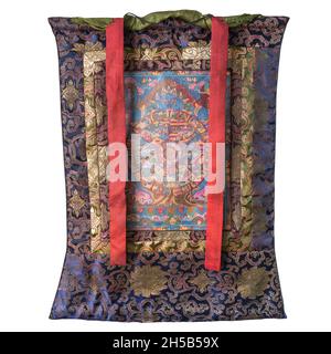 Thangka tibetana di Bhavacakra con Monte Brocade di seta. Ruota buddista della vita. 66 x 54 cm Foto Stock