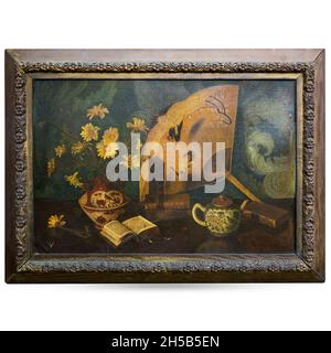 Grande Antiquariato Still Life con oggetti orientali. Pittura ad olio originale su tela. 33 x 24 Foto Stock