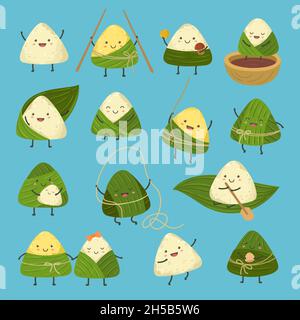 Gnocchi di cartoni animati. Dragon Boat festival, carino riso gnocchi adesivi. Comico asiatico estate cibo zongzi, adorabile vacanza cinese caratteri vettoriali esatti Illustrazione Vettoriale