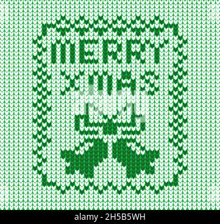 Modello a maglia verde in brutto stile maglione con campane jingle e testo Merry Xmas Illustrazione Vettoriale
