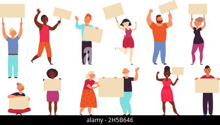 Persone con cartelli. Protesta a piedi, gruppo politico sfilata. Personaggi dimostrativi isolati, Street meeting o protestanti azione decente vettore set Illustrazione Vettoriale