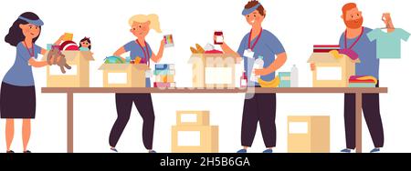Scatole per donazioni. Aiuto alimentare, volontari ricovero servizi. Le persone donano prodotti, giocattoli, farmaci. Aiuto alla migrazione beneficenza concetto decente di flat vettoriale Illustrazione Vettoriale