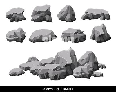 Pietre cartoni animati. Progettazione 3d di rocce rotte e cumuli di pietre. Rocce isolate, massi o montagne grigie. Gruppo di ghiaia di macerie, natura granito recent vettore set Illustrazione Vettoriale