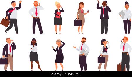 Team di dipendenti in ufficio. Uomo parla al telefono, divertiti con il dipendente dell'azienda. Cartoon sorridendo gente arrabbiata di affari, insegnanti studenti dignitosi personaggi vettoriali Illustrazione Vettoriale
