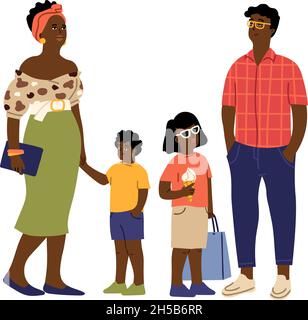 Famiglia afro-americana. Bambini carini, i genitori indossano casual. Caratteri vettoriali per genitori, bambini internazionali e adulti Illustrazione Vettoriale