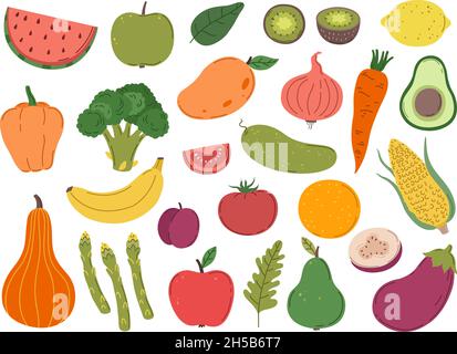 Doodle fattoria verdura frutta. Verdure colorate, carota dieta piatta limone broccoli. Cucina crudo cibo, cartoon colore esatto vegetariano vettore grande set Illustrazione Vettoriale