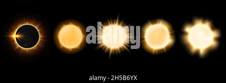 Sole realistico. Brilla i raggi del sole, luci del sole e eclissi intensi diversi. Luci naturali di stagione, set vettoriale Universe Grand STAR Illustrazione Vettoriale