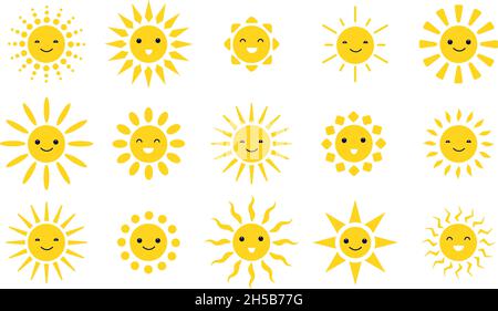 Cute sole emoji. Cute suns sorriso, tempo divertente icone luce del sole. Facce soleggiate isolate, estate sole riscaldamento smiley utter collezione vettoriale Illustrazione Vettoriale