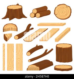 Tronchi di legno di cartoni animati. Materiale legno di legno, crepe tronchi di albero. Moncone e tronco, superficie incrinata. Vintage Isolated Plank pece Recent Vector Set Illustrazione Vettoriale