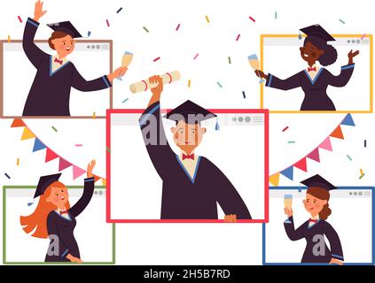 Graduazione online. Festa virtuale, festa delle persone in video. Studenti laureati drink evento, connessione da casa per celebrare decente concetto vettoriale Illustrazione Vettoriale