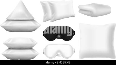 Accessori per dormire realistici. Maschera per dormire, cuscino, coperta. Elementi bianchi per letto, set vettore dolce sogno Illustrazione Vettoriale