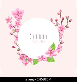 Sakura fiore. Fiori di ciliegia di pesca, modello di banner floreale rosa. Carino cartolina femminile, madre giorno vettore sfondo Illustrazione Vettoriale