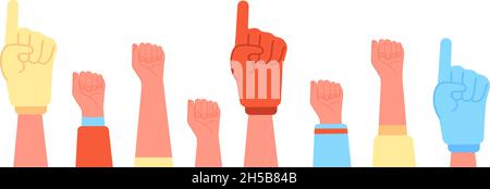 Ventole dita in schiuma. Diversità sport mano, calcio fan pollice su. Sport crowd mani, cartoon football football football fans guanto. Supportare il concetto vettoriale del team utter Illustrazione Vettoriale