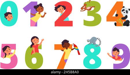 Numeri bambini. Animali per bambini su numero, disegni colorati di date. Elementi per bambini per adesivi, banner di vendita, carte compleanno decente set vettoriale Illustrazione Vettoriale