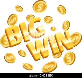 Grande vincita banner. Monete d'oro, etichetta isolata della lotteria del vincitore con monete volanti. Denaro in dollari d'oro, elemento 3D vettore di congratulazioni Illustrazione Vettoriale