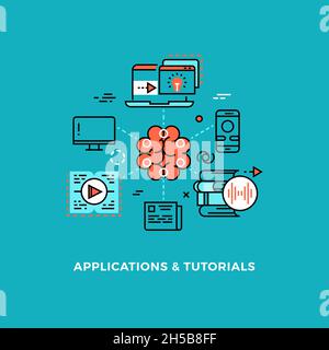 Sviluppo della creatività. Webinar di esercitazione online, concetto di libreria Web. Nuovo pensiero, concetto di vettore di educazione a distanza Illustrazione Vettoriale