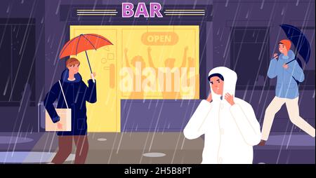 Pioggia sulla strada. Il bar notturno riapre, l'ingresso è buio. Città d'autunno piovosa, gli uomini d'affari camminano con l'ombrello e bevono nel vettore pub utter Illustrazione Vettoriale