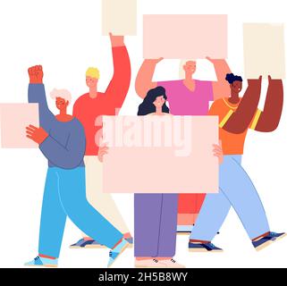 Gruppo con cartelli. Le aziende di protesta, la gente corporativa differente che tiene le bandiere vuote. Folla dimostrativa, attivista dipendente utter scena vettoriale Illustrazione Vettoriale