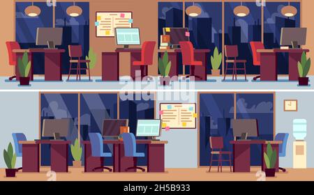 Interno vuoto dell'ufficio. Interni notturni per affari, zona coworking o camera manager. Tavolo con computer, bacheca, sedie illustrazione vettoriale Illustrazione Vettoriale