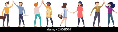 Saluti della gente di affari. Happy professionisti alto cinque, donna piatta uomo incontro vettore illustrazione Illustrazione Vettoriale
