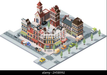 Centro storico isometrico. Mappa 3d infrastruttura urbana retro case storiche e costruzioni vettoriali edifici set Illustrazione Vettoriale