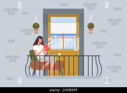 Donna che legge sul balcone. Le persone si rilassano seduti su una sedia in un moderno edificio con balcone esterno, sfondo vettoriale Illustrazione Vettoriale