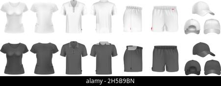 Mockup uniforme sportivo realistico. T-shirt maschio femmina e cappellini. Gli sportivi in bianco e nero indossano. Set vettoriale per intimo e magliette isolate Illustrazione Vettoriale