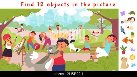 Oggetti nascosti puzzle gioco. Trova oggetto, stile di vita dei bambini nel parco. Misura i bambini, riposando sulla natura con il cucciolo. Divertente teaser cervello immagine vettoriale decente Illustrazione Vettoriale