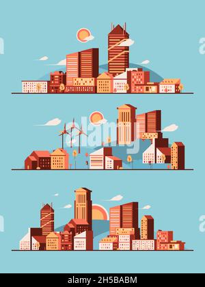 Paesaggio urbano. Minimo case città ambiente arido vettore piano urbano sfondo Illustrazione Vettoriale