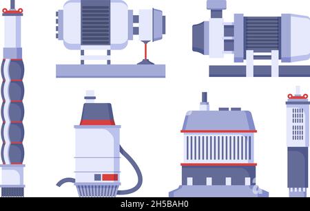 Set pompa dell'acqua. Stazione industriale con motori diesel pompati alimentazione tubi serbatoio macchine fabbrica Garish illustrazioni vettoriali Illustrazione Vettoriale