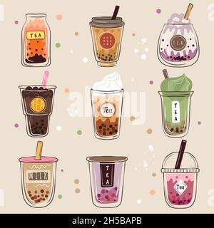 Tè a bolle. Asian tradizionale bevanda tazza milkshake bere dessert in bicchieri di plastica vettore Doodle illustrazioni Illustrazione Vettoriale
