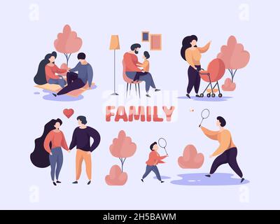 Coppie di famiglia. Stilizzato personaggi felici genitori madre e padre con bambini in varie situazioni adulti in piedi garish vettore set Illustrazione Vettoriale