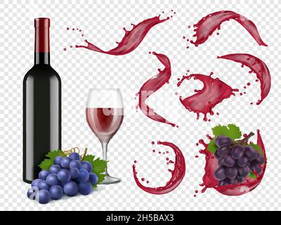 Spruzzi di vino. Liquid Red Drops bottiglie e bicchieri d'uva per bevande alcoliche vettore realistico set Illustrazione Vettoriale