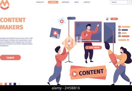 Blog video. Produttori di contenuti web online sviluppatori scrittori garish modello vettoriale di landing page Illustrazione Vettoriale